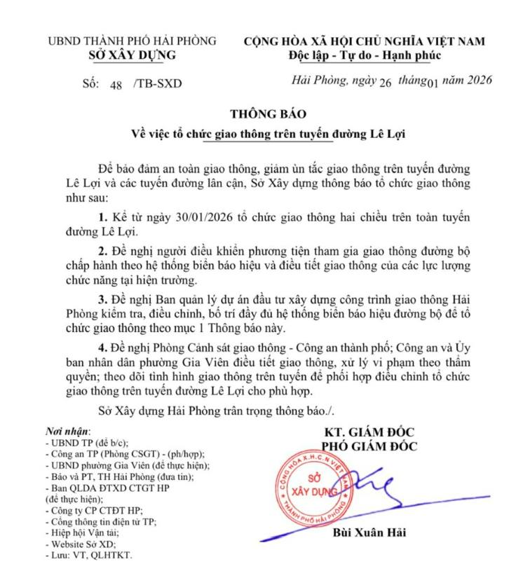 "Đường Lê Lợi Hải Phòng 2026", "Quy hoạch đường Lê Lợi", "Thông báo sở xây dựng Hải Phòng"