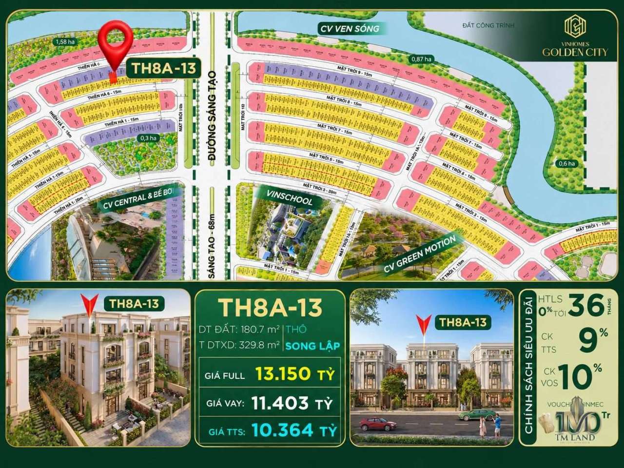 Biệt Thự Song Lập Thiên Hà – Gần công viên, bể bơi, sông tự nhiên. Trục đường thông, thoáng, mật độ xây dựng thấp. Đơn giá chỉ 57triệu/m – TH8A-13 | Vinhomes Golden City