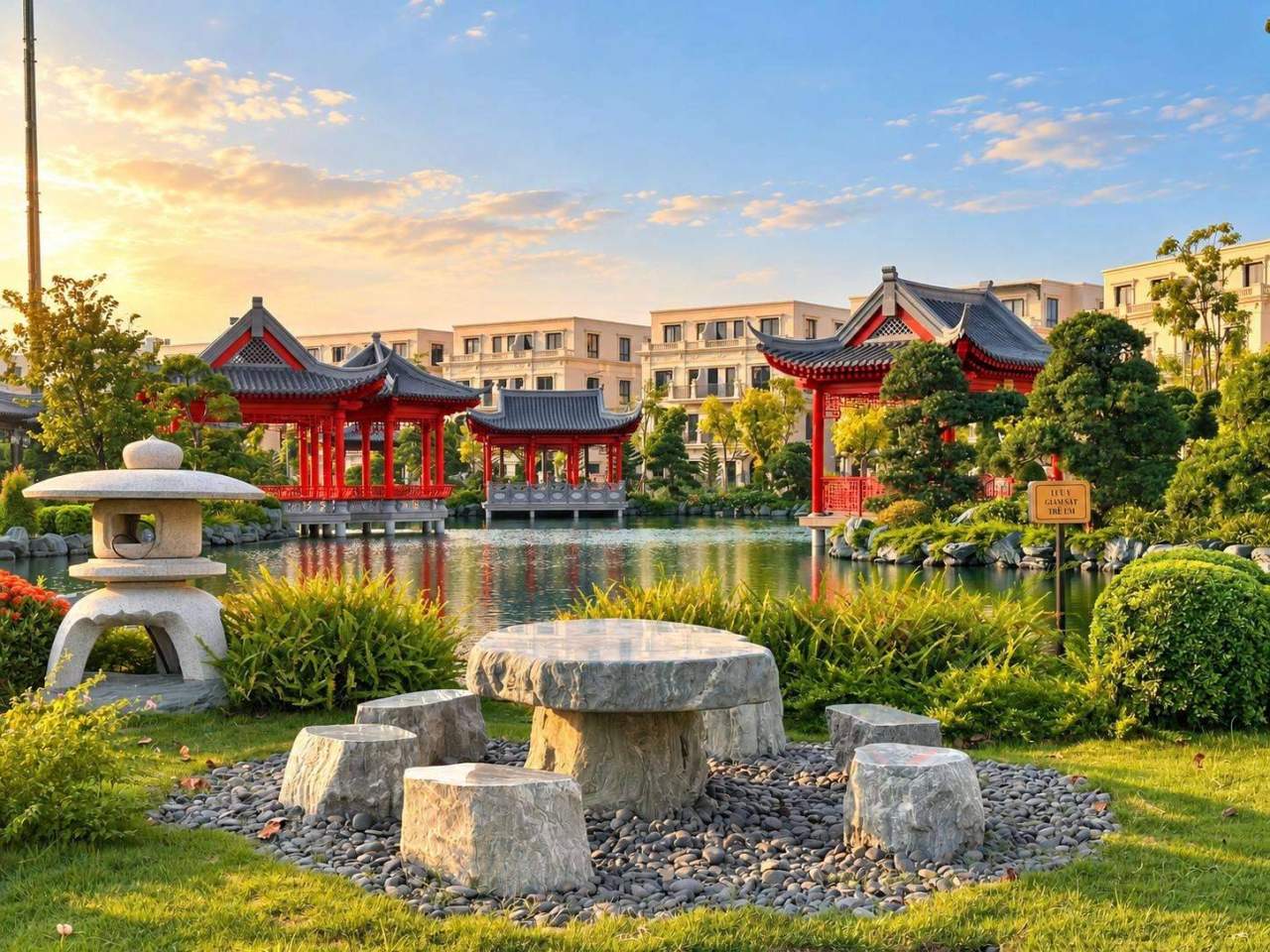 Hai lầu đỏ mái cong soi bóng trên hồ