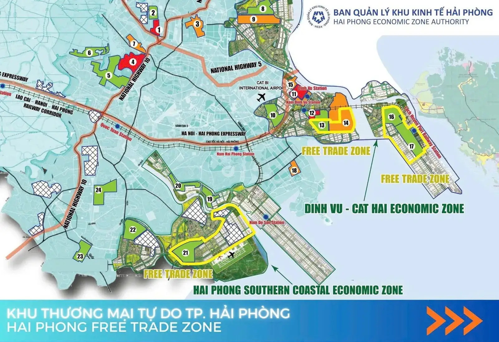 Bản đồ 3 vị trí Khu thương mại tự do Hải Phòng trong Khu kinh tế Đình Vũ – Cát Hải và Khu kinh tế ven biển phía Nam