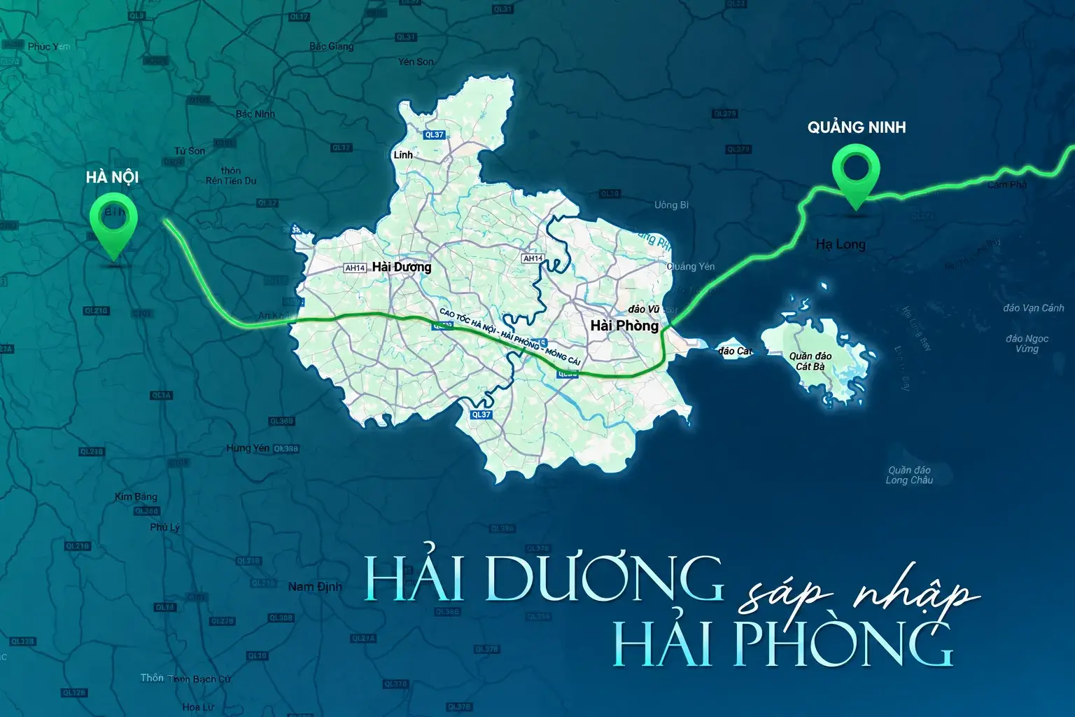 Bản đồ Hải Phòng sau hợp nhất với Hải Dương, nằm giữa Hà Nội và Quảng Ninh trên trục cao tốc
