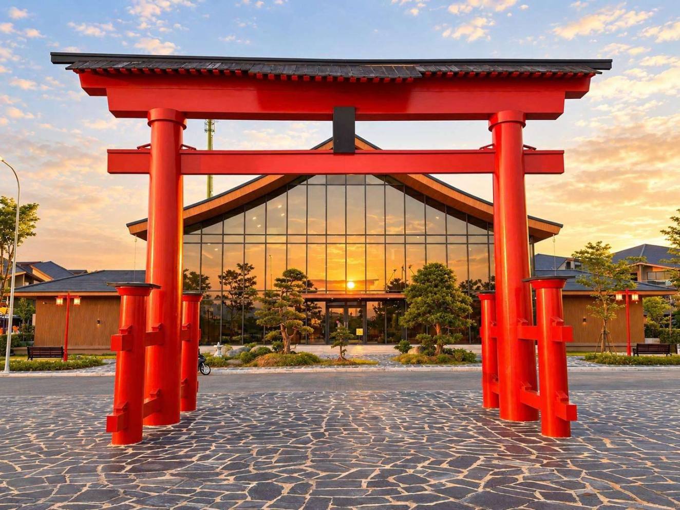 Cổng torii đỏ trước tòa nhà kính ở Vinhomes Vũ Yên