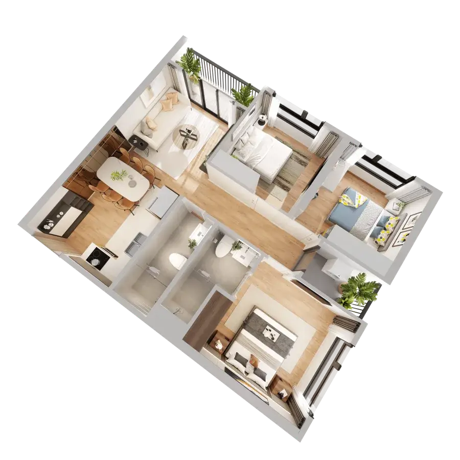 Layout căn hộ 3 phòng ngủ The Harbor Skyline khoảng 84 m2