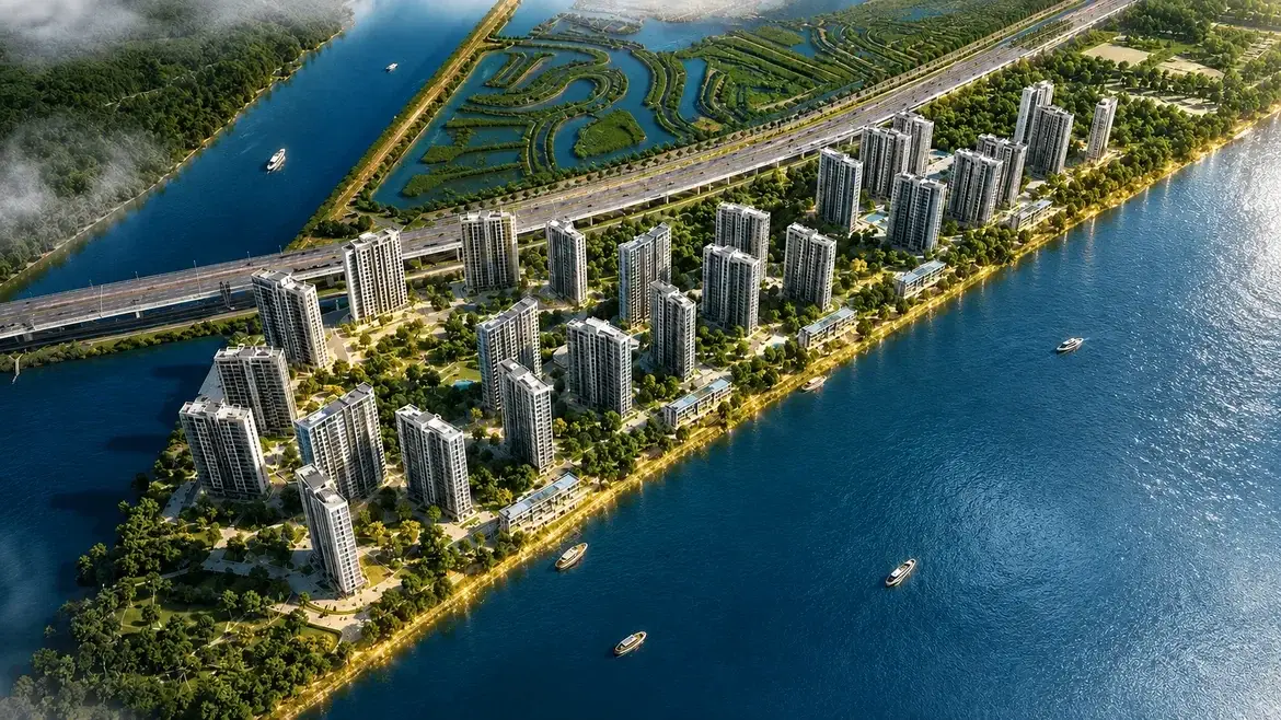 Phối cảnh tổng thể Imperia Royal Island các tòa căn hộ ven sông Bạch Đằng trên đảo Vũ Yên