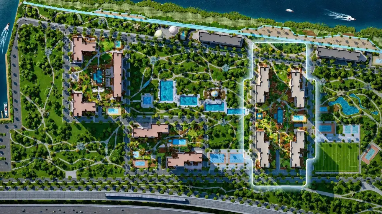 Phối cảnh tổng thể The Harbor Skyline 4 tòa tháp quanh công viên nội khu, hồ bơi, sân thể thao ven sông