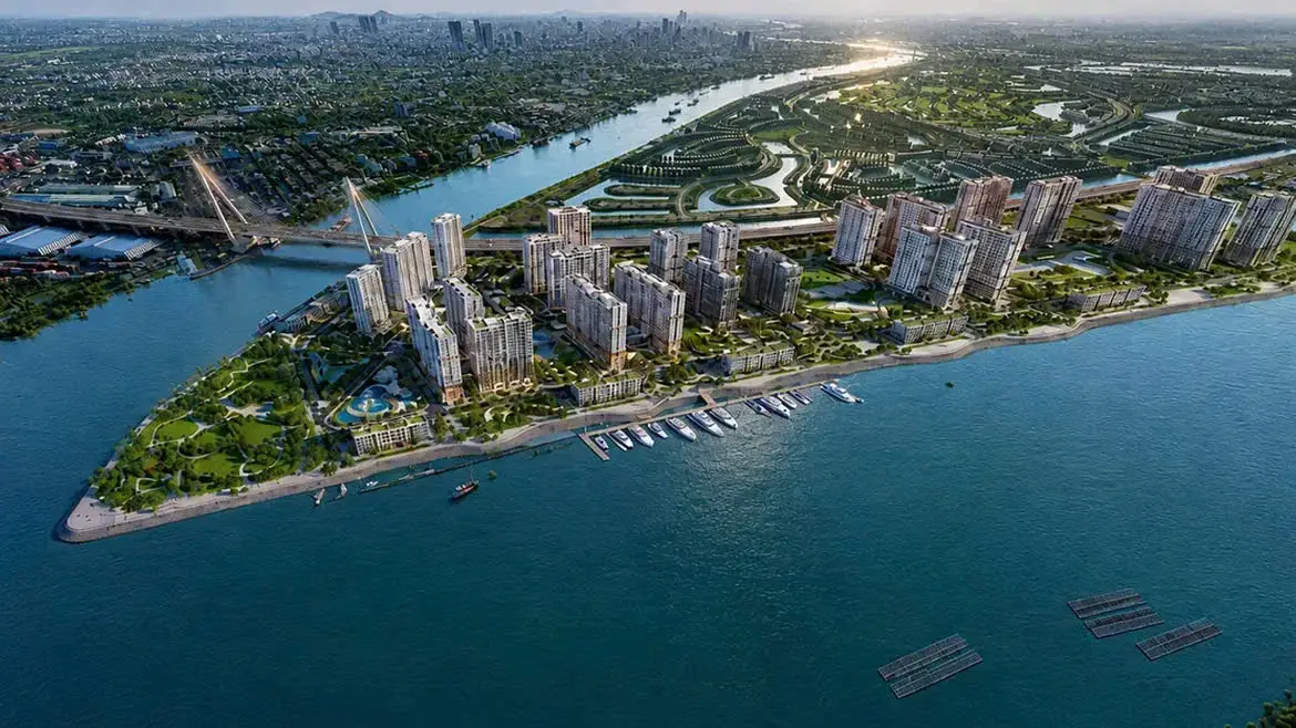 Phối cảnh The Harbor Skyline ở mũi đảo Vũ Yên với bến du thuyền và cầu Bạch Đằng