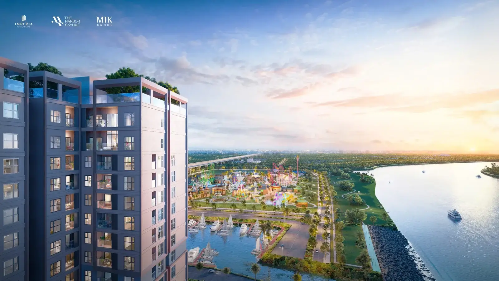 Phối cảnh The Harbor Skyline Imperia Royal Island view sông Cấm, VinWonders và bến du thuyền Marina